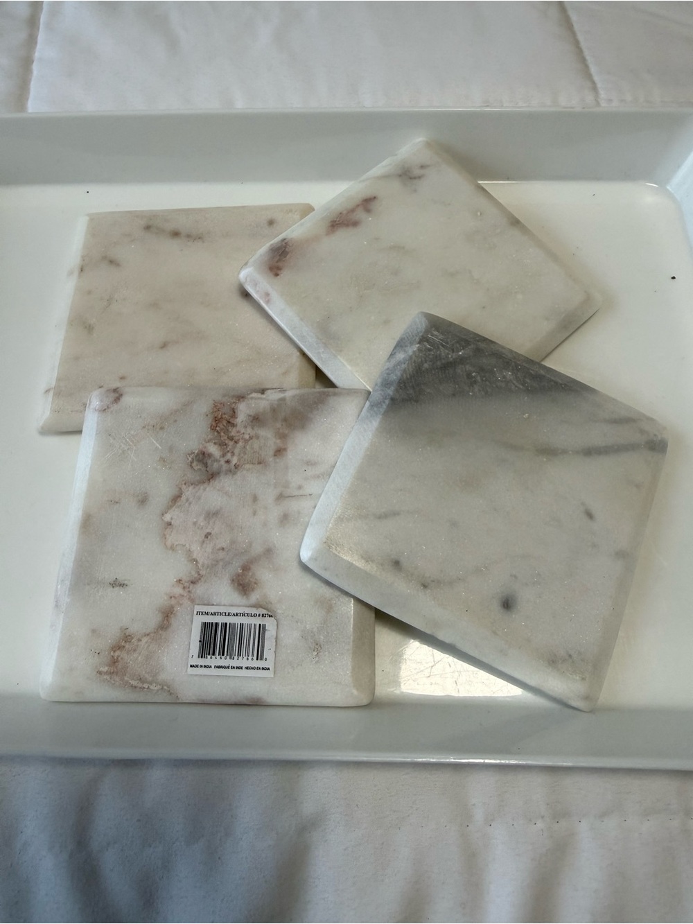 Set of  4 White Marble Square Coasters - Natural Beige Veining